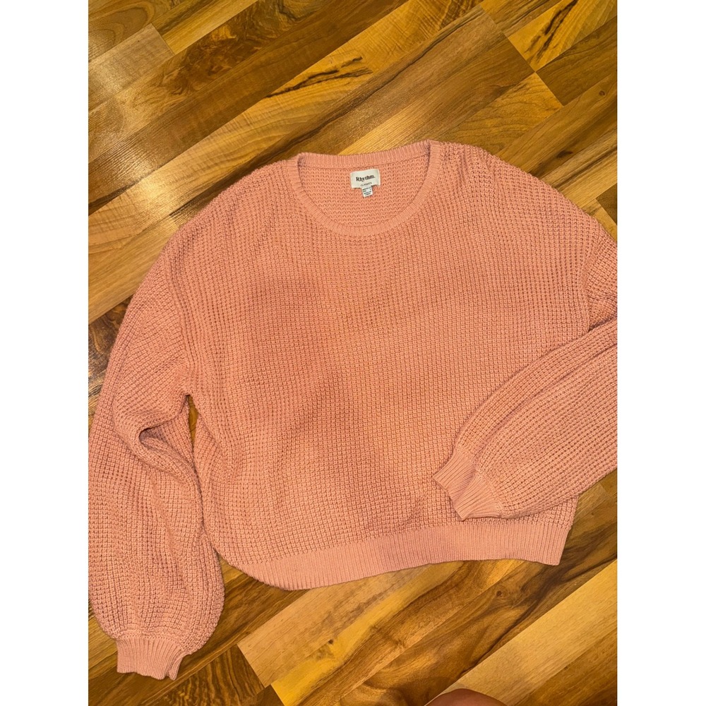 Rhythm Sweater Women Large Pink Excellent Waffle Knit Balloon Sleeve Pullover